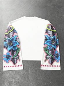 Street Life Spring Casual Graphic Men'S Khaki Short Crew Neck Sweatshirt With Cross Pattern, Autumn/Winter - White - View 2