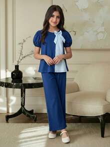 Firerie Kids 2pcs Tween Girls Puff Sleeve Bow Tie Top And Loose Straight Leg Pants Set, Blue Casual Fashion Versatile - Blue - View 3