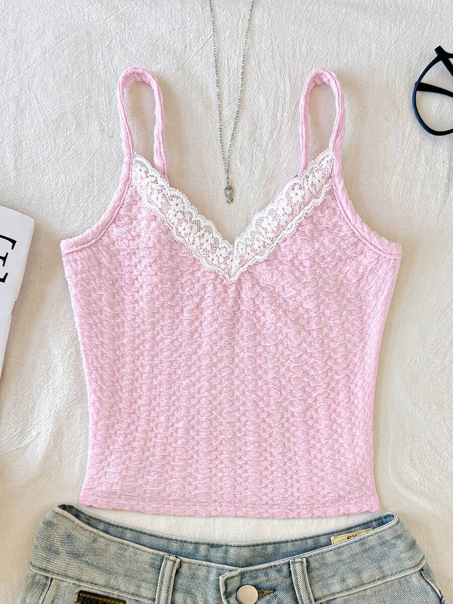 SHEIN Tween Girl Pink & White Lace Ballet Style Camisole