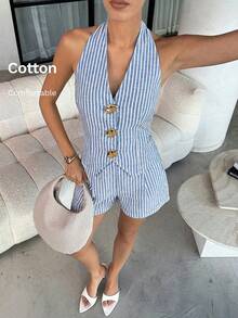 Lavishia Women's Casual Vacation Style Striped Print Metal Button Halter Top And Shorts 2 Piece Set - Blue and White - View 4