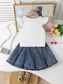 2pcs Girls Toddler Vest Set,Summer Back-To-School White Vest With Cherry Blossom Embroidery&Flutter Sleeves,Mid-Blue Denim Skirt,Soft Cute School Wear - Blue and White - View 2