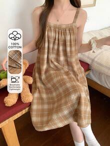 DAZY 格子宽松A字无袖女士家居连衣裙 - 駝色 - 查看 1