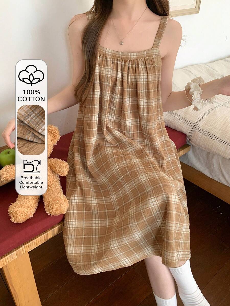 DAZY 格子宽松A字无袖女士家居连衣裙 - 駝色 - 查看 1