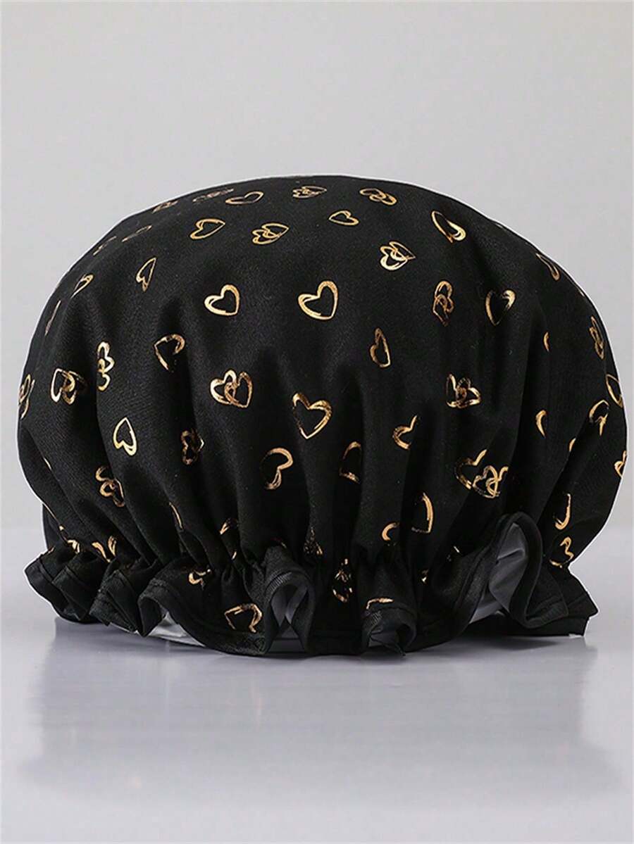 青妙双层防水浴帽，时尚箔心印花 - 黑色 - 查看 1