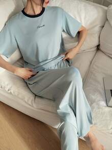 DAZY 简约字母印花撞色领休闲女式睡衣套装 - 藍色 - 查看 3