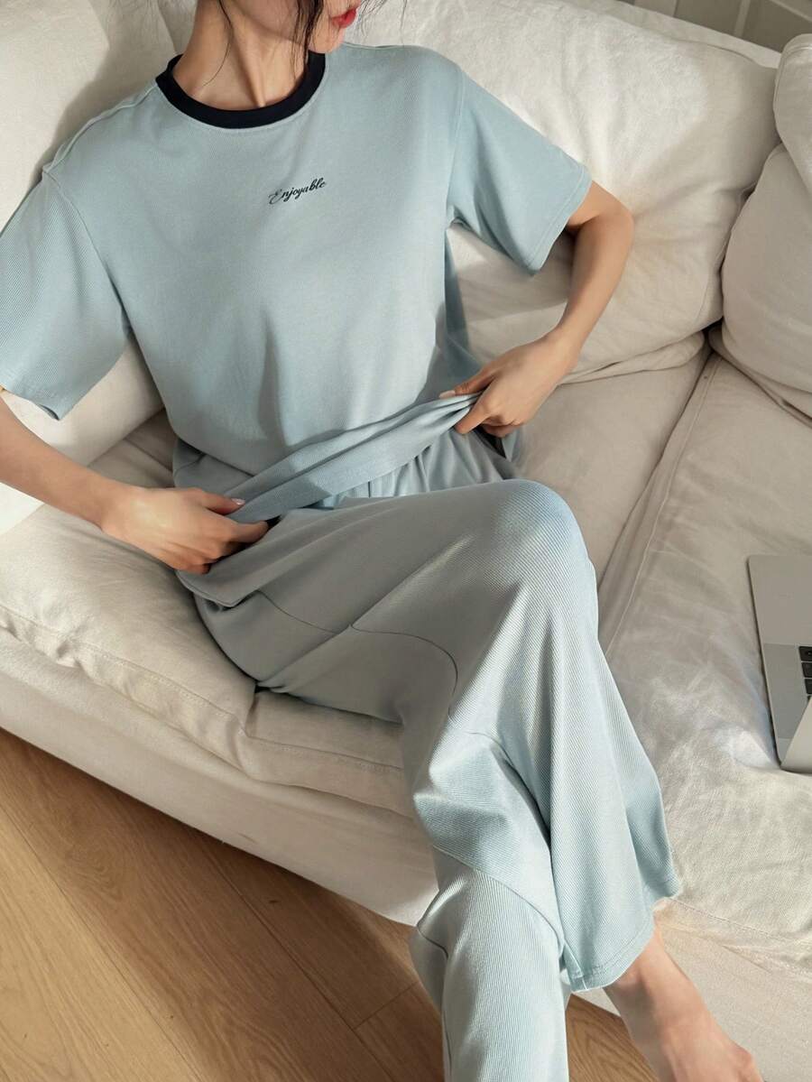 DAZY Simple Letter Print Contrast Collar Casual Women Pajama Set - Blue - View 1