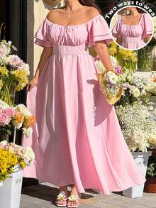 SHEIN EZwear 大码纯色休闲长裙 - 粉色 - 查看 4