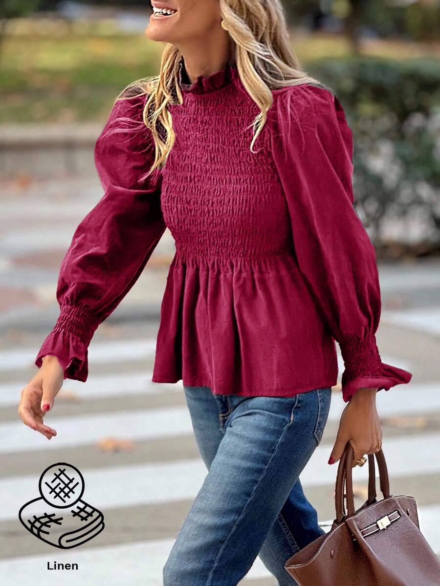 SHEIN Clasi 女士休闲纯色荷叶边下摆衬衫 - 中紫紅色 - 查看 1