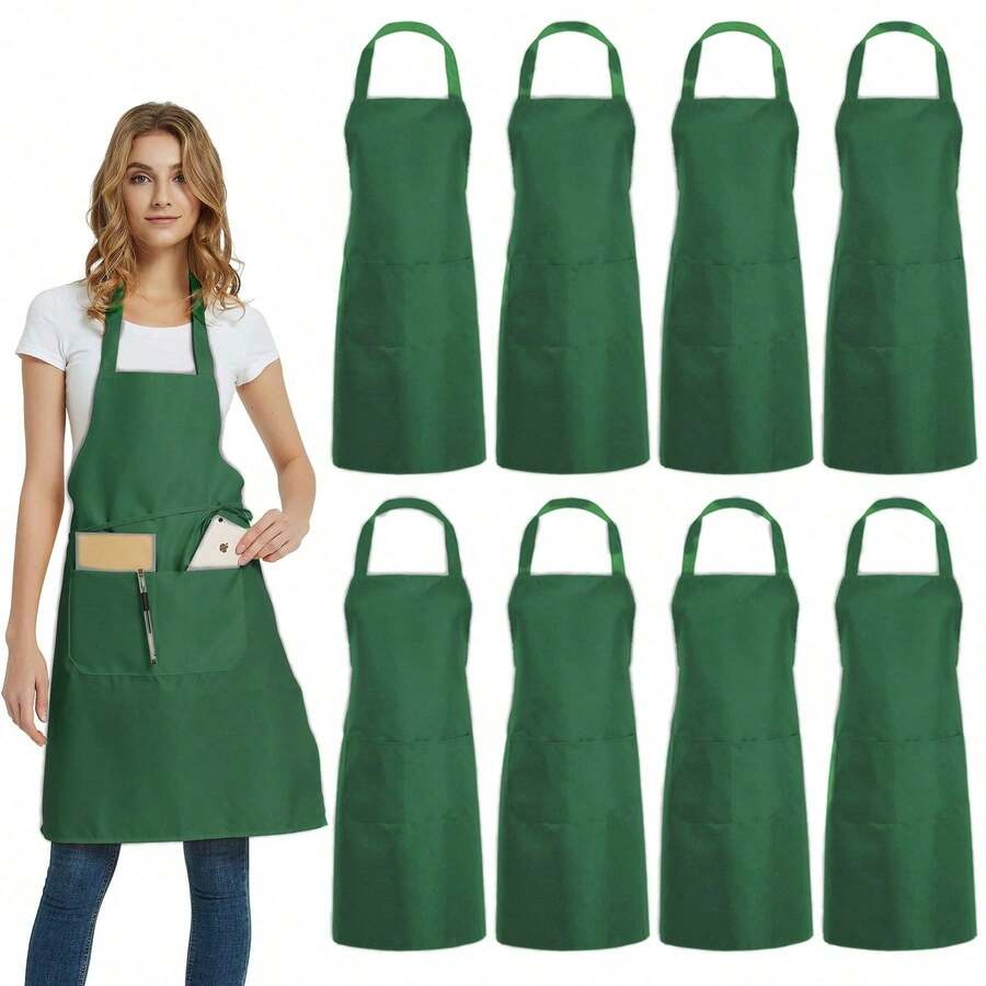 1pc/3pcs/6pcs Unisex Apron With 2 Spacious Pockets, Machine Washable, Suitable For Kitchen, Crafts, BBQ, Painting - Dark Green - View 1