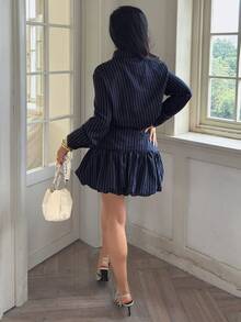 Modelyn Women's Navy Blue And White Autumn Elegant Office 2 Pieces Set,Long-Sleeved Off-The-Shoulder Shirt&Flower Bud Mini Skirt,Casual Modern Commuting Wear - Navy Blue - View 3