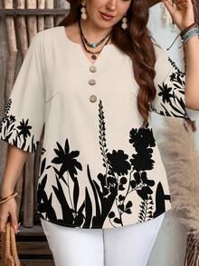 EMERY ROSE 女士休闲简约黑白花卉印花七分袖衬衫 - 优雅浪漫复古春夏海滩度假装，春假简约旅行穿搭，热带岛屿度假风 - 彩色 - 查看 3