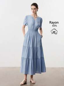Aalyst Vestido Feminino para Primavera/Verão, Vestido de Linho Franzido Elegante e da Moda com Bolsos, Adequado para Ano Novo, Dia dos Namorados, Páscoa, Dia das Mães, Casamentos do Oriente Médio, Ambiente de Trabalho, Férias Românticas - Azul - Visão 3