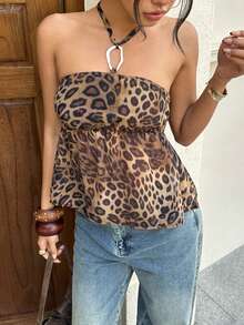 Siren Gaze Áo không tay cổ yếm hở lưng đính vòng kim loại họa tiết da báo dành cho nữ, thích hợp cho mùa xuân/hè. - màu nâu - Xem 3