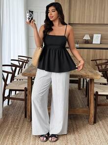 Weeklong Plus Size Women Black Summer Smart Casual Everyday Vacation Outfit Sets,Spaghetti Strap Square Neck Contrast Stripe Ruffle Hem 2 Pieces Wide Leg Pants - Black and White - View 5