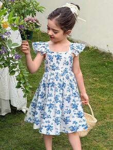 LMoss Kids 少女優雅蝴蝶結裝飾荷葉邊花卉印花合身收腰裙 藍色背後蝴蝶結 迷人花園風 飄逸袖 - 彩色 - 查看 2