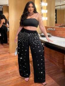 SHEIN CURVE+ 大码性感珍珠装饰休闲百搭修身裤 - 黑色 - 查看 6