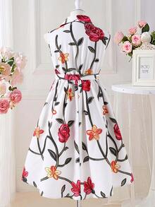 Tween Girls Elegant Floral Turndown Collar Sleeveless Dress, Suitable For Commuting, Party, And Gatherings - Multicolor - View 3