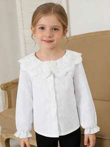 SHEIN Girls Elegant Embroidered Ruffle Collar Princess Long Sleeve Button-Front Casual Fashion Princess Blouse, Suitable For School, Vacation, Travel, Birthday Party, Spring/Autumn - White - View 3
