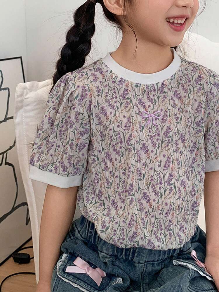 Young Girl Floral Pattern Round Neck Short Puff Sleeve Casual T-Shirt Spring Summer