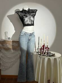 Elamini 女士休闲时尚街头日常通勤水钻装饰喇叭牛仔裤 - 淺色水洗藍 - 查看 5