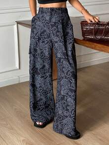 DAZY 女士宽松休闲阔腿裤，带口袋，腰果花印花，适合春秋季度假穿着 - 藏蓝色 - 查看 6