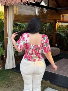 Vibekara Plus Size Elegant Floral Print Short Sleeve Shirt, Spring/Summer - Multicolor - View 2