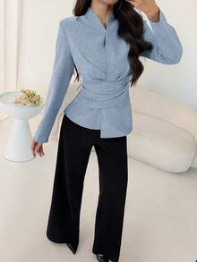 NOVVYNE 女士优雅灰色长袖A字褶皱衬衫，收腰设计，披肩领，秋季款 - 藍色 - 查看 5