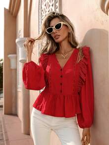 Flora Isola Flora Isola Women's Vintage Solid Color Long Sleeve Blouse, Floral Ruffle V-Neck Loose Casual Top, Versatile For Daily Commute, Dates, Gatherings, Spring/Summer - Red - View 4