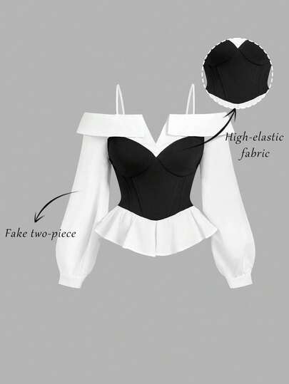 SHEIN MOD Plus Size Women's Elegant Black & White Cold Shoulder Top, Minimalist Fashion, Casual Everyday Wear, Street Wear, Office , Long Sleeve Top, New Years Elegant Top, Goth, Going Out Top Women, Party Top, Casual For Women, Carnival , Summer Top Off The Shoulders Top Strapless Shirts Tops With Sleeves Off Shoulder Blouse Puff Sleeve