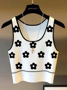 INAWLY 休闲撞色滚边印花背心 - 黑與白 - 查看 1