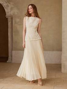 MOTF PREMIUM WOMEN'S ELEGANT LONG PLEATED DRESS WITH TEXTURED FABRIC, SUITABLE FOR DATES, SPRING/SUMMER - Apricot - View 4