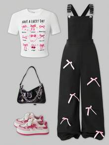SHEIN ChillGRL 2pcs/Set Tween Girls' Crew Neck Fitted Short Sleeve Bow Print T-Shirt And Letter Print Suspender Pants Set - Black - View 10