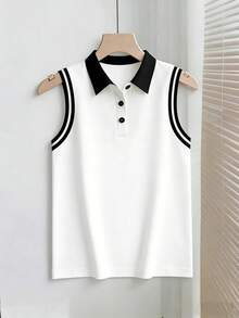 Franclia Tall 2026新款黑白撞色拼接衬衫，高弹力翻领无袖衬衫，半开襟纽扣设计，休闲通勤及学院风上衣 - 黑與白 - 查看 4