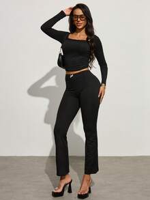 INAWLY 2pcs Women Solid Color Lace Bow Patchwork Long Sleeve Top And Pants Set - Black - View 4