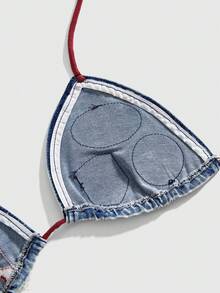 ROMWE Avant 女士 Y2K 复古标语刺绣系带露脐性感牛仔上衣 - 淺色水洗藍 - 查看 4