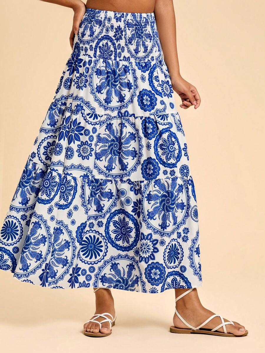 Travachic Women's Boho Blue Random Print Woven Fabric Maxi Skirt With Ruffle Hem And Slit Detail - Blue - View 1