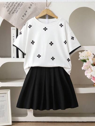 Conjunto de camiseta con estampado geométrico y falda plisada informal para niñas preadolescentes, verano