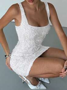 Aloruh Váy ren mini bó sát lãng mạn 3D họa tiết hoa màu trắng cho nữ, dự tiệc cưới, mùa xuân/hè - trắng - Xem 3