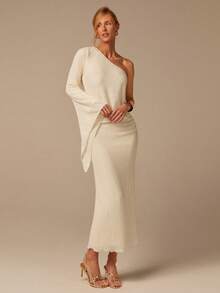 COSMINA 女士不对称肩部长款针织连衣裙，不对称袖亮片针织长裙，休闲波西米亚风连衣裙，米色、杏色、浅黄色、白色 - 杏色 - 查看 5