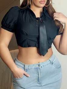 MelDlgn 大码女式纯色短腰收腰短袖衬衫配领带 - 黑色 - 查看 5