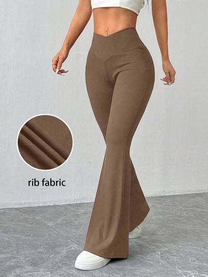 Almamuse Women's Solid Color Asymmetric Waist Casual Flare Knit Pants, Autumn/Winter