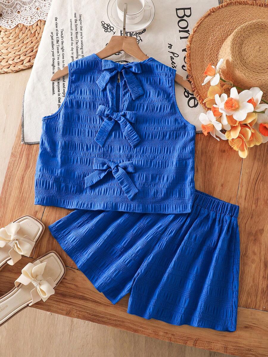 SHEIN 2pcs Tween Girls Casual Crew Neck Textured Fabric Bow Back Tank Top And Shorts Set - White - View 1