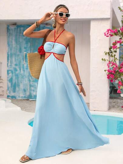 Vivid Eden Women's Halter Neck Hollow Out Backless A-Line Casual Printed Vacation Dress, Vacation Outfits Women, Holiday Outfits For Women, Summer Holiday Outfits, Beach Vacation Outfits For Women