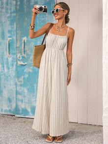 Vivid Eden 春夏出行度假：宽松阔腿露背连体裤，条纹纹理面料，女士连体裤 - 彩色 - 查看 7