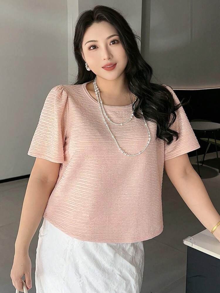 Dazy Plus Pink Elegant Cropped Shirt With Round Neck Short Sleeve
