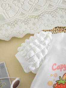 SHEIN 1pc Girls Cute Strawberry Bear & Popcorn Print Round Neck Short Sleeve Top - White - View 5