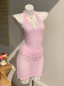 Comfortcana 女士时尚新款简约休闲性感露背镂空针织沙滩裹裙泳衣罩衫比基尼裹身百搭优雅两件套 - 粉色 - 查看 5