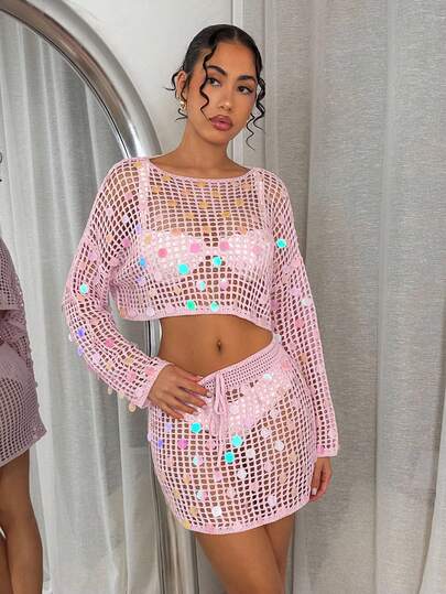 Glamine Elegant Pink Sequin Decor Tie-Up Sexy Alluring Romantic Vacation Party Hollow-Out Women 2 Pieces Knit Set