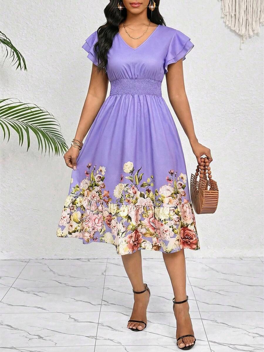SHEIN Lady 女士休闲碎花中长连衣裙 - 淡紫色 - 查看 1