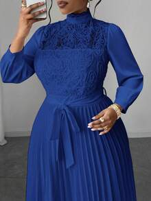 Maweii 大码女士优雅拼接收腰长裙 - 藍色 - 查看 3